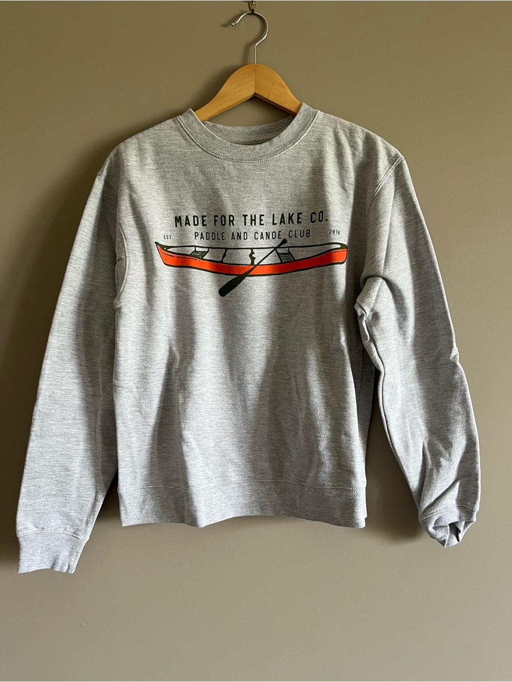 Made for the Lake Gray Crewneck Sweatshirt with Orange Canoe Graphic